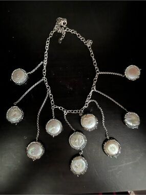 Silver Pearl Drop Fringe Necklace - White Coin Pearls